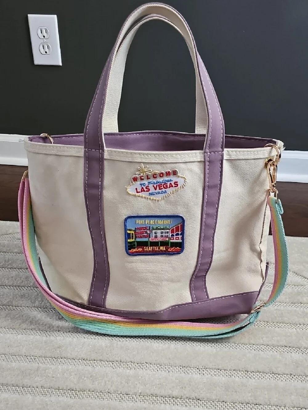 LL BEAN Canvas Tote Bag in Cream and Lavender